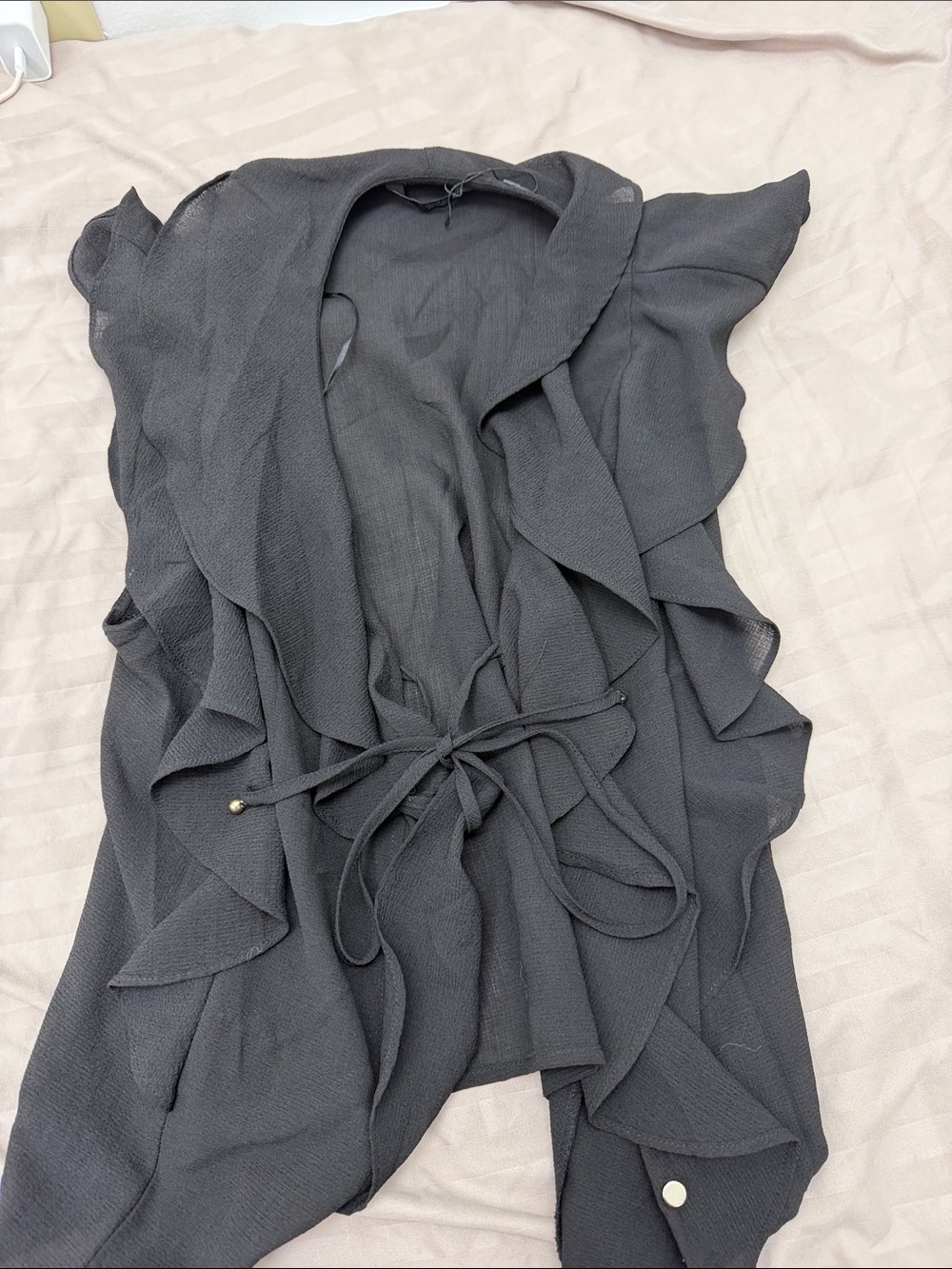 Zara Dark Gray Ruffle-Front Open Cardigan